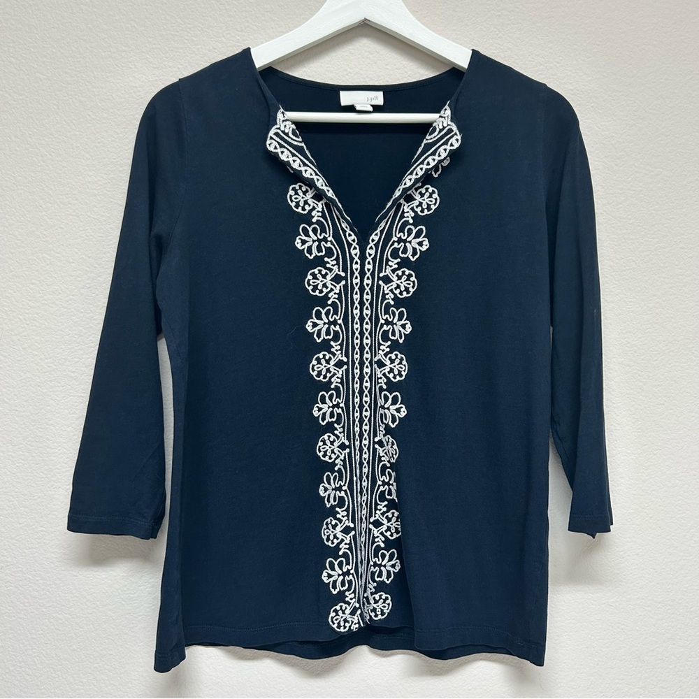 J. jill Petite Tunic Top Embroidered Modal Pullover Blouse XS Blue White Office